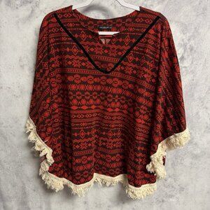 Earthbound Trading Co Fringe Poncho Shirt Womens One Size Red
